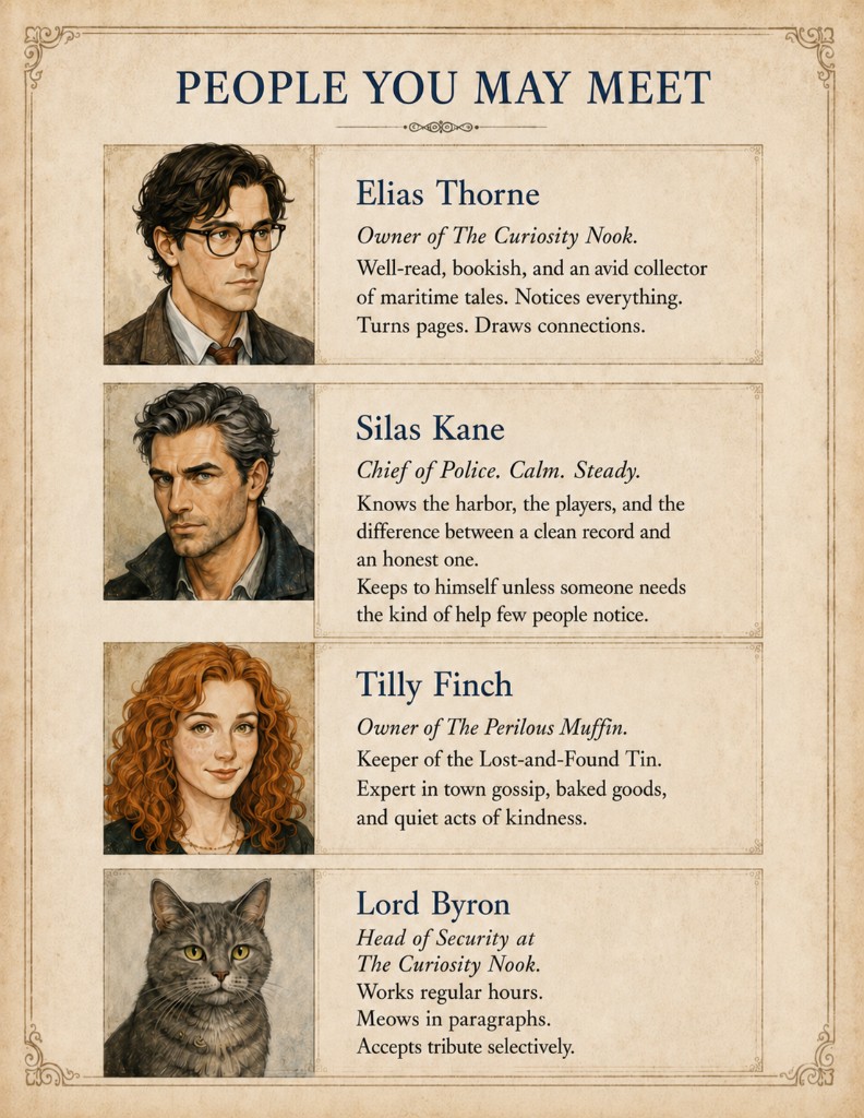 Character cards for Elias Thorne, Silas Kane, Tilly Finch, and Lord Byron from The Fog Harbor Mysteries